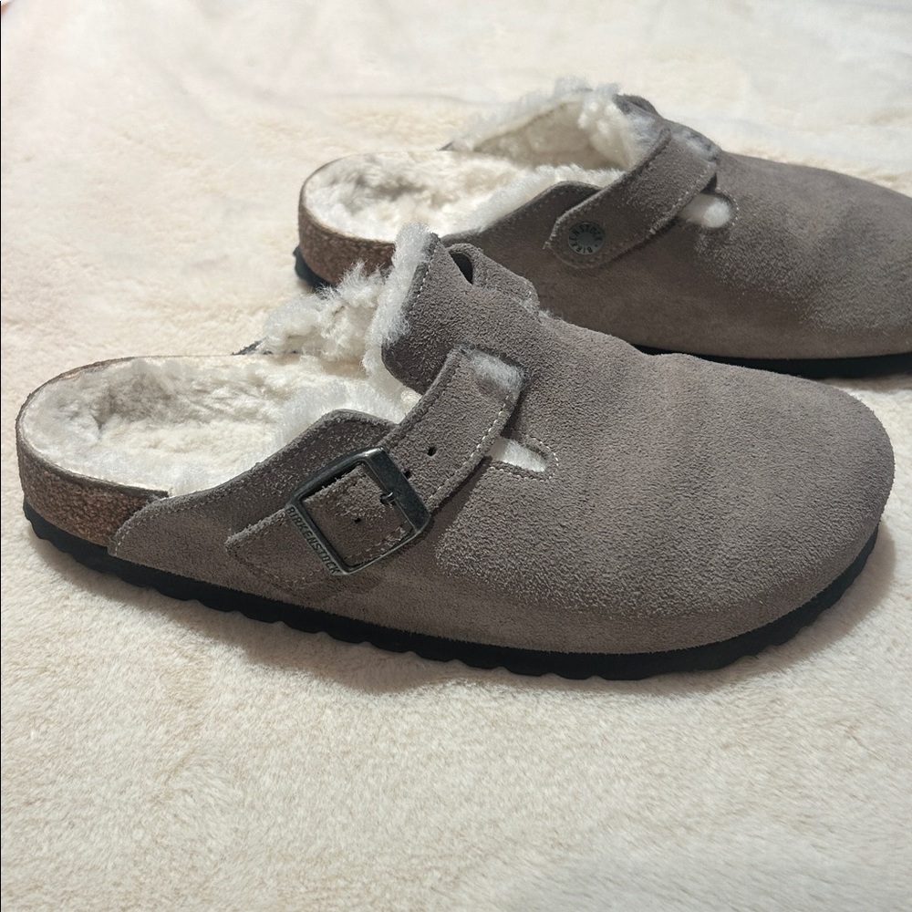 Birkenstock Gray Suede Mules with Cozy Lining